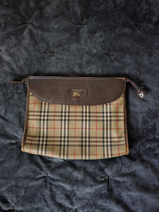 Burberry Accessories - Burberry's Vintage Classic Beige Check Pouch with Brown Leather Flap